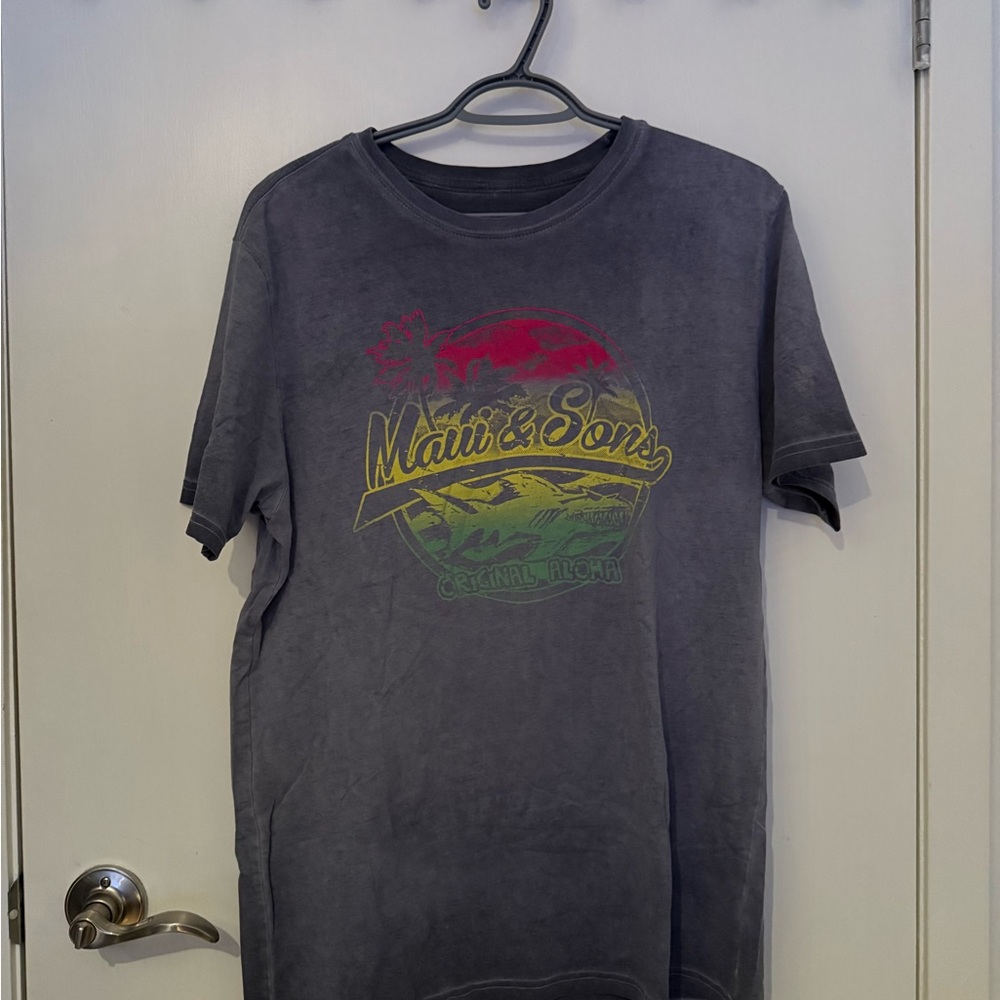 Gray and Red Short Sleeve Tee with Graphic Design